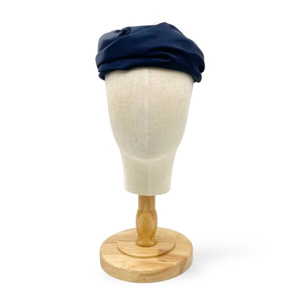 Vintage 1950s Navy Blue Hat Pink Flower Trim Size 22 1/2 Pillbox Fascinator main image 14